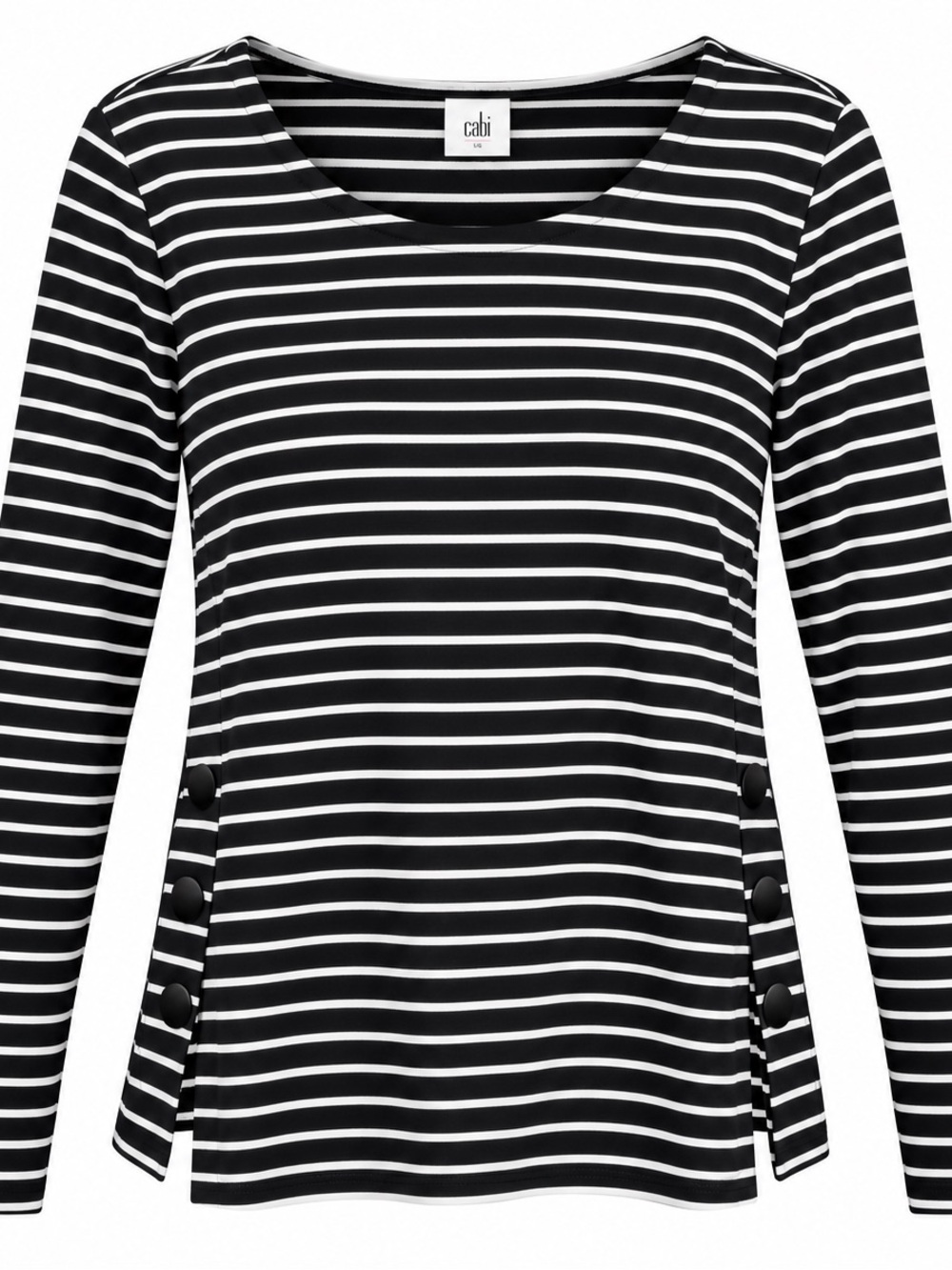 CAbi Black and White Striped Long-Sleeve Scoop Neck Top with Side Buttons